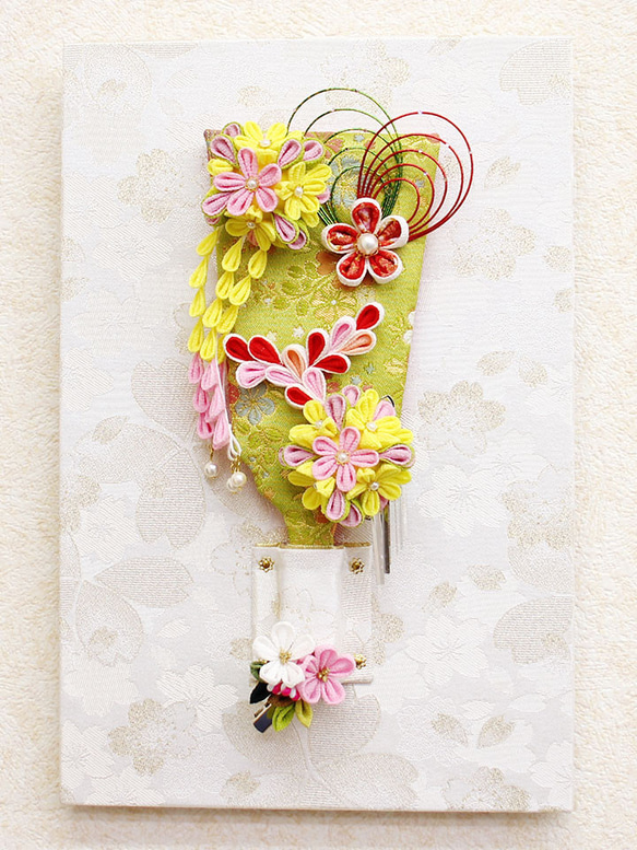 都内で 金襴や縮緬を使用した、つまみ細工の簪羽子板 ナチュラル 白桜 着物・浴衣