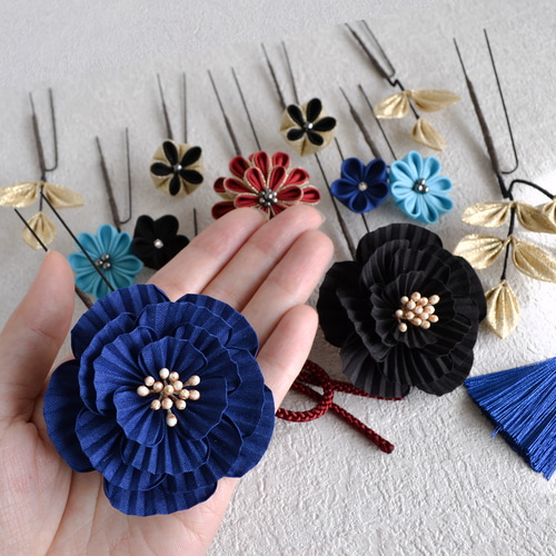 専用　新品　七五三　簪　つまみ細工花簪　Uピン簪 黒青牡丹のUピンかんざし ✤ 12本豪華セット 成人式 卒業式 結婚式
