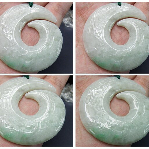 レア物一点物天然石ひすい本翡翠勾玉形柄模様彫刻有り紐ネックレスA3-1