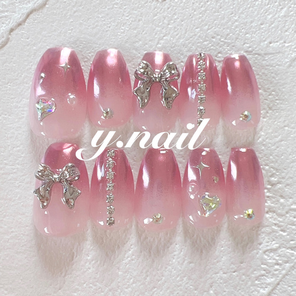 y2kネイル/リボンネイル/ﾋﾟﾝｸﾈｲﾙ/ﾐﾗｰｸﾞﾗﾃﾞ/ﾐﾗｰｸﾞﾗﾃﾞｰｼｮﾝ/韓国ネイル