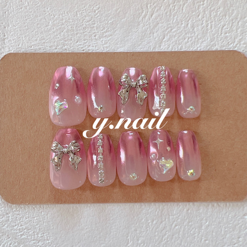 68))リボンネイル フレンチガーリー y2k ネイルチップ ピンク