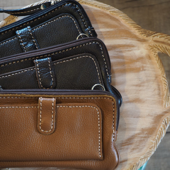 ソフトレザー ウォレットポーチ 本革 牛側 ハンドメイド ポシェット 長  