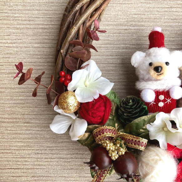 数量限定【クリスマス】可愛いくまサンタさんのクリスマスリース／ウィンターリース・クリスマス飾り・壁掛け・ポインセチア 4枚目の画像