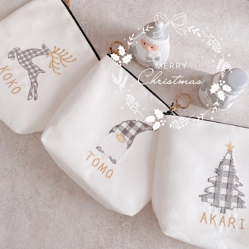 ポーチ】【名入れ】クリスマス 名前 オーダーメイド 刺繍 北欧