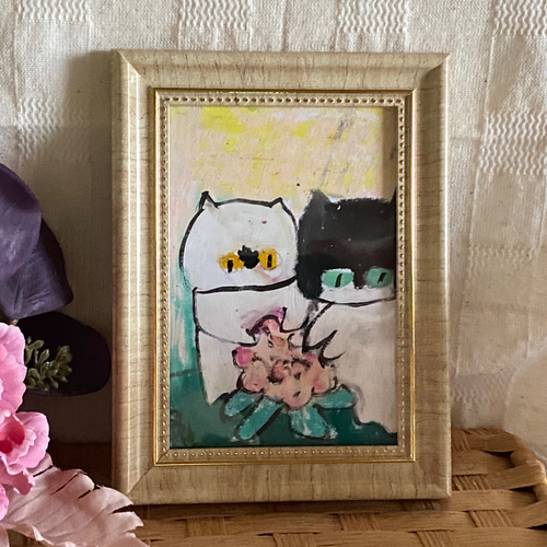 絵画。原画【2匹のかわいい猫がピンクの花の中で花の香りを感じている】 絵画。原画【2匹のかわいい猫がピンクの花の中で花の