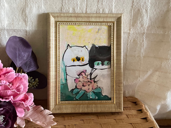 絵画。原画手描き【2匹の猫が美しい花を見つけた】 3枚目の画像