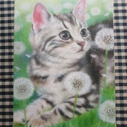 アメリカンショートヘアの子猫とタンポポ畑の絵　油絵原画「Sign of happiness」 1枚目の画像