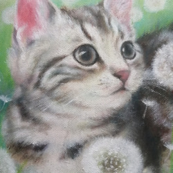 アメリカンショートヘアの子猫とタンポポ畑の絵　油絵原画「Sign of happiness」 2枚目の画像