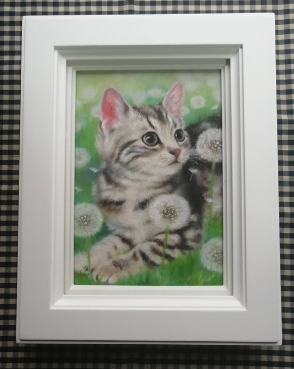 アメリカンショートヘアの子猫とタンポポ畑の絵　油絵原画「Sign of happiness」 3枚目の画像
