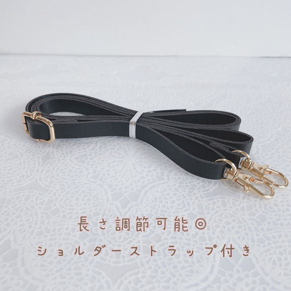 スマホショルダー/カメリア×ブラック/スマホポシェット スマホポーチ/ショルダー長さ調整可◎合皮/ギフト 親子双子コーデ 11枚目の画像