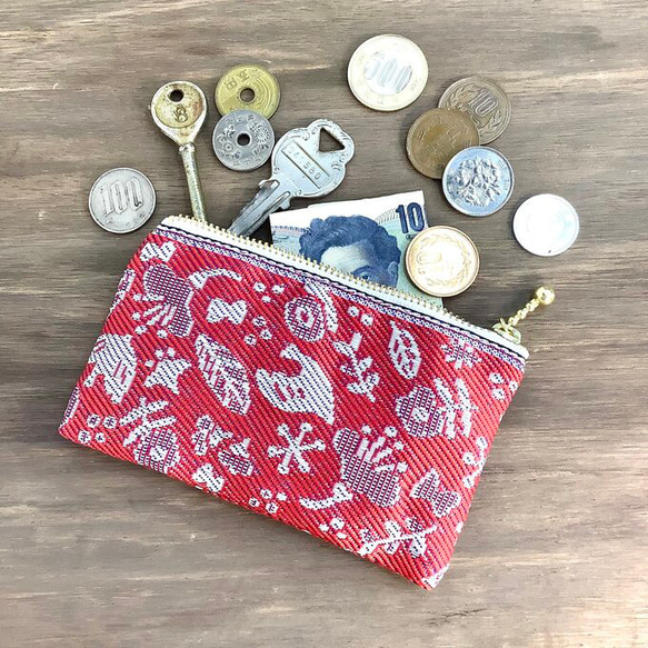 畳縁　硬幣錢包　名片夾　日式　小鳥和花　紅色的 第4張的照片