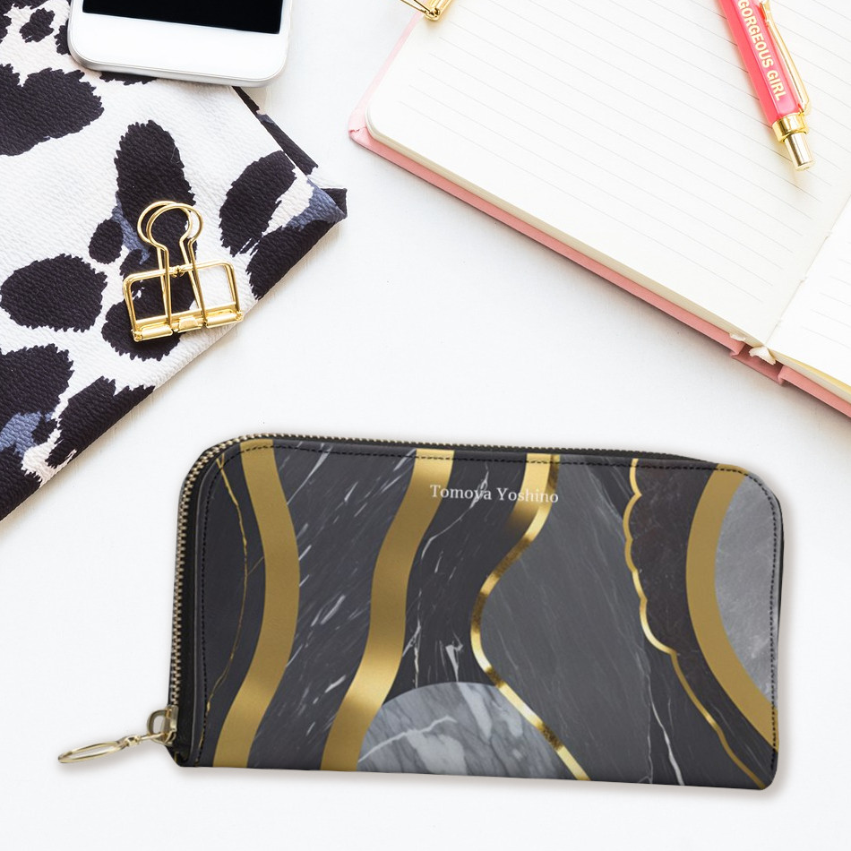 光沢の金色の線や高級感あふれる神秘的でシックな大理石がお洒落 長財布ポーチ 本革