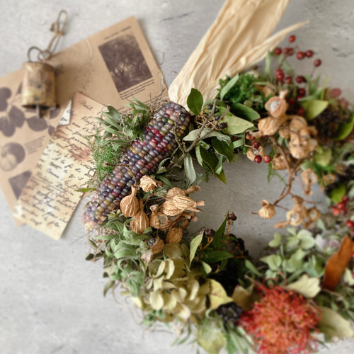 オーバルリース ピンクッションとトウモロコシ クリスマスリース