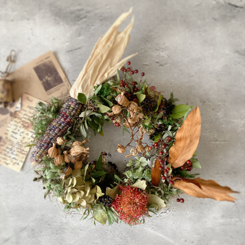 オーバルリース ピンクッションとトウモロコシ クリスマスリース