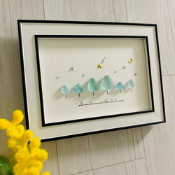 シーグラスアート 北海道 シマエナガ 家族アート 月インテリア雑貨