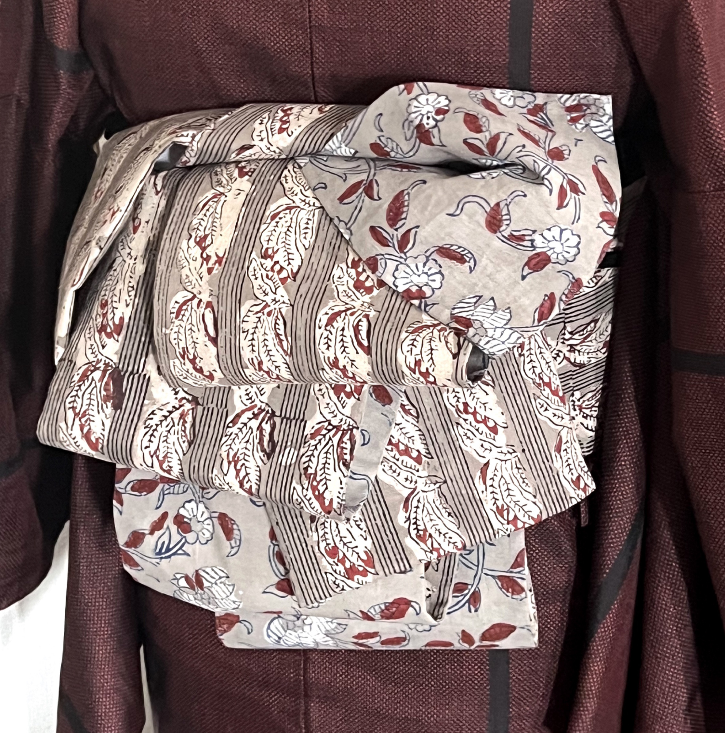 半幅帯　木綿　アンティーク着物　獅子　ボタン　ブロックチェック　リバーシブル