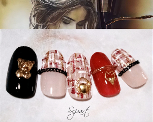 ジェルネイルチップ〜付け爪☆シアーくすみピンクツイード×くま