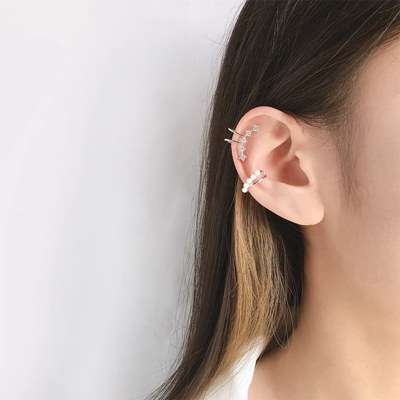 新作 極小 パールイヤーカフ 小ぶり イヤカフ 重ね付けOK ear cuff 片耳用 2色展開 ゴールド シルバー 2枚目の画像