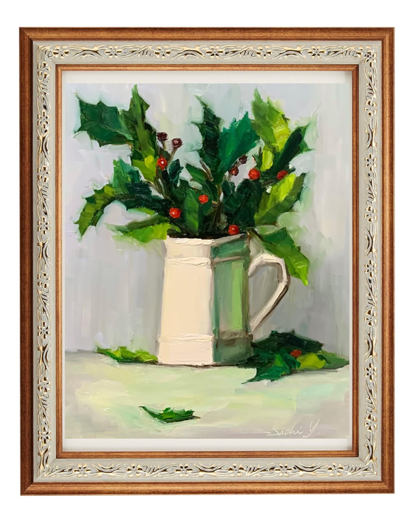 油彩画　Holly Berries and A White Pitcher 3枚目の画像