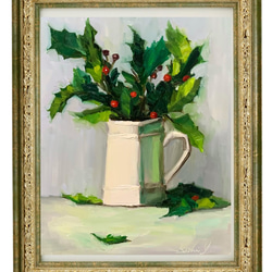 油彩画　Holly Berries and A White Pitcher 2枚目の画像