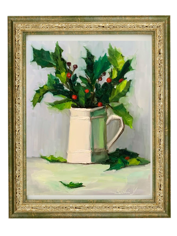 油彩画　Holly Berries and A White Pitcher 2枚目の画像