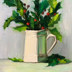 油彩画　Holly Berries and A White Pitcher 1枚目の画像