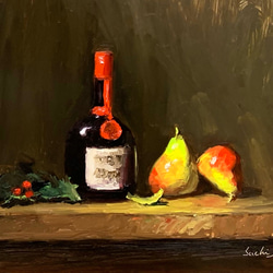 油彩画　Grand Marnier, Pears and Holly 1枚目の画像
