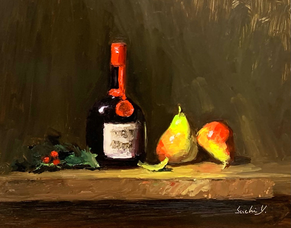 油彩画　Grand Marnier, Pears and Holly 1枚目の画像