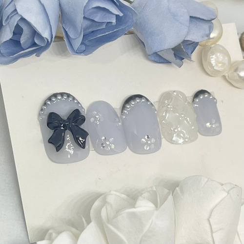 サイズオーダー♡フレンチ×フラワーネイルチップ ブルー size order  