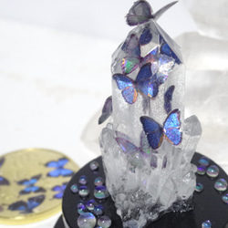 ガラスドーム付き　エポキシ樹脂(レジン)製・クリスタルとモルフォ蝶のオブジェ 1枚目の画像