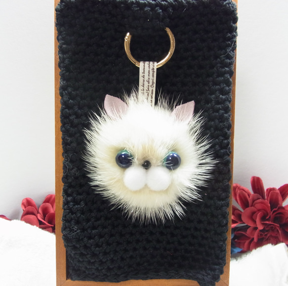 バッグチャーム 猫 ミンクファー 半円タイプ カラビナリング no,22