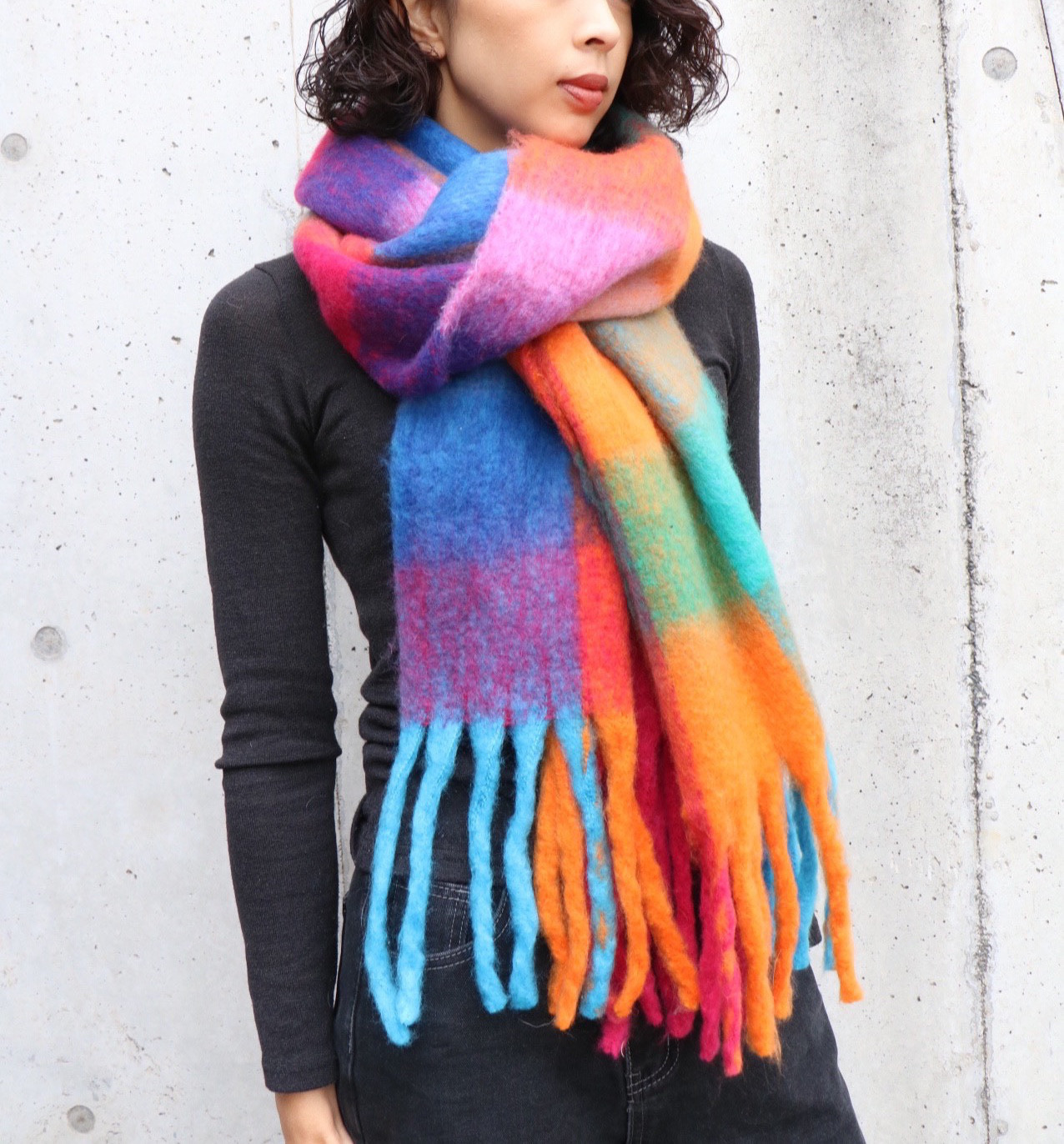 【特集掲載/発送翌日】おしゃれ暖かタッセルチェックマフラー/rainbow