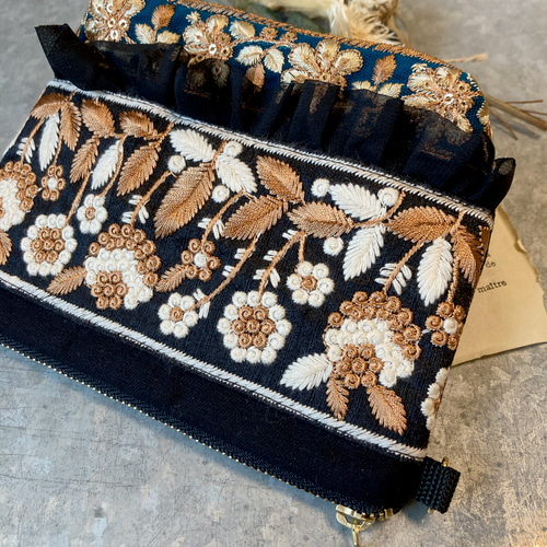 インド刺繍リボン　ポーチ インド刺繍リボン ポーチ S ベージュ | La Maison du calme