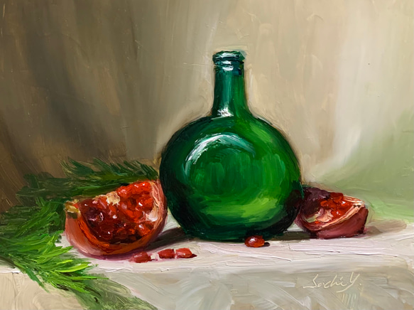 油彩画　Pomegranate and Green Glass 1枚目の画像
