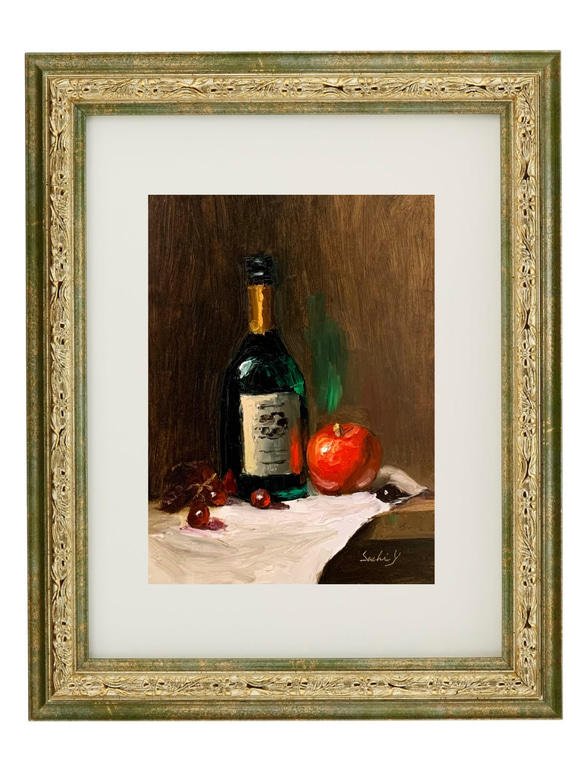 油彩画　Green Bottle, An Apple and Grapes 2枚目の画像