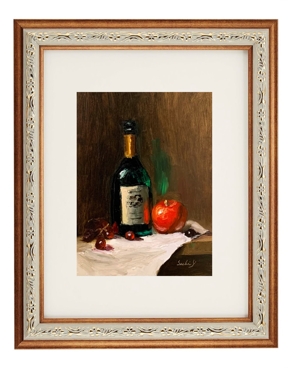 油彩画　Green Bottle, An Apple and Grapes 3枚目の画像