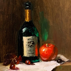 油彩画　Green Bottle, An Apple and Grapes 1枚目の画像