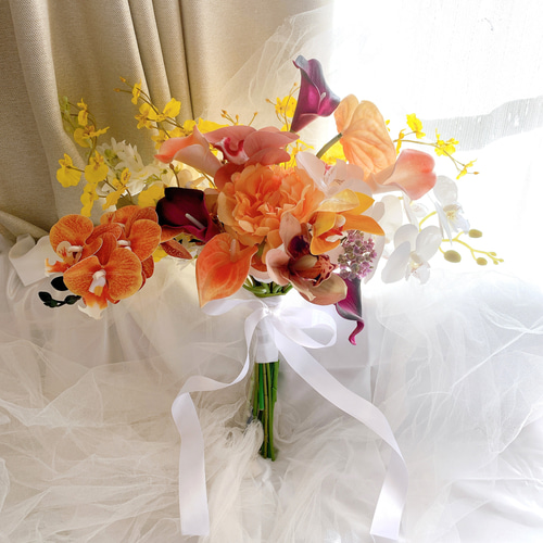 アーティフィシャルフラワーブーケ　結婚式　前撮り アーティフィシャルフラワー ブーケ 黄色 オレンジ 前撮り 結婚