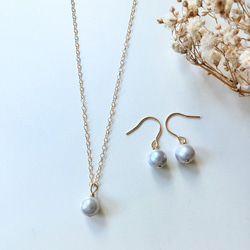 【セット販売】14kgf genuine pearl アコヤパール 真珠（ネックレス・ピアスのセット）ブルーグレー 1枚目の画像