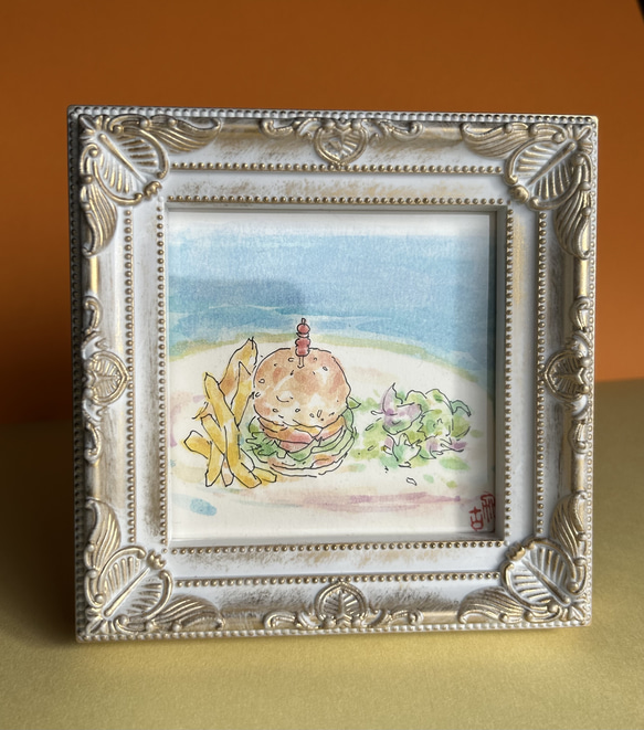 海とハンバーガー（ミニ原画、透明水彩、写真立て入り） 4枚目の画像