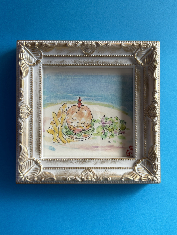 海とハンバーガー（ミニ原画、透明水彩、写真立て入り） 5枚目の画像