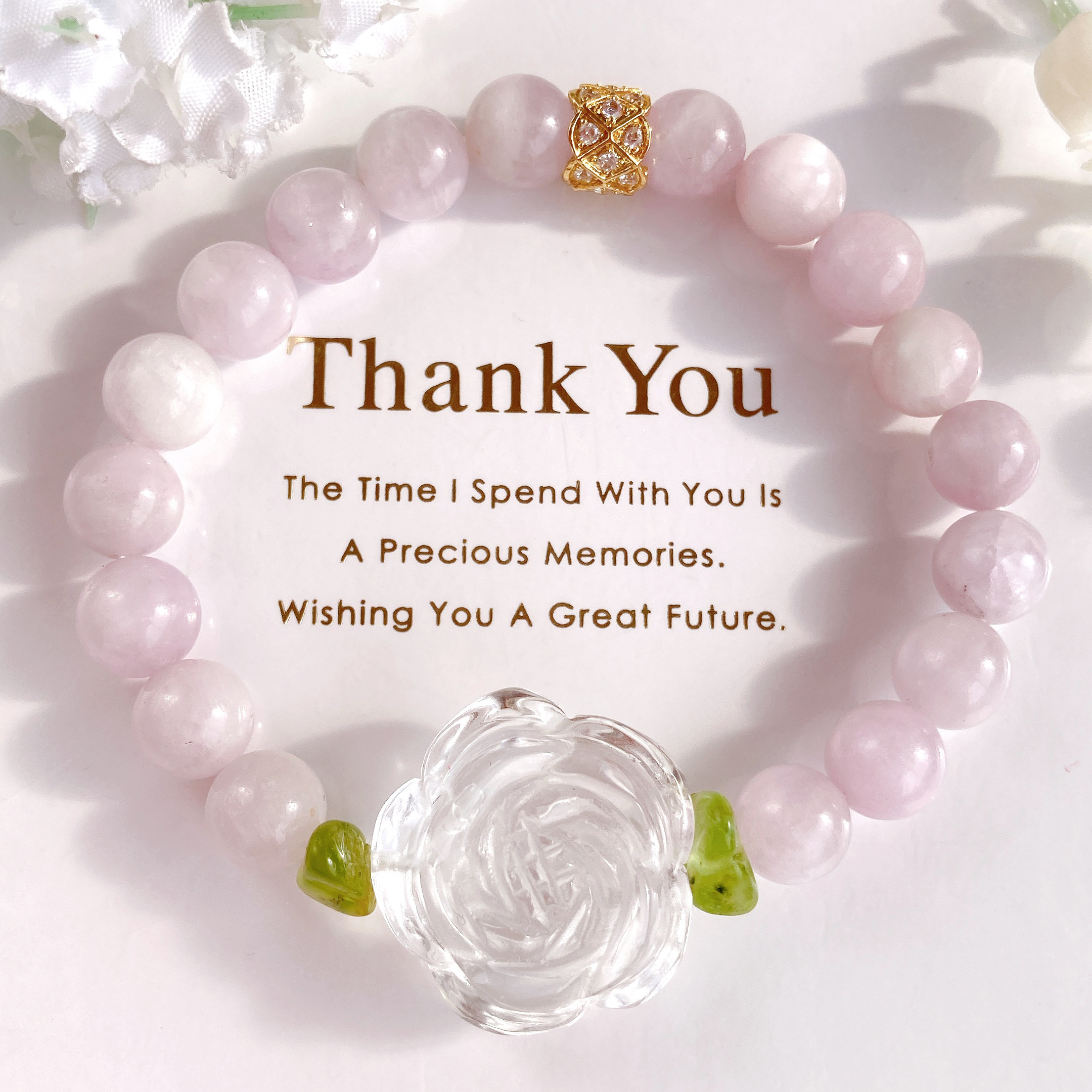 ˚✧₊⁎9月誕生石˚✧₊⁎大粒水晶薔薇クンツァイト天然石ブレスレット