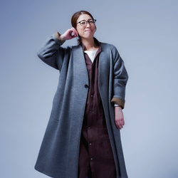 【soco】贅沢な一着ウール100% ノーカラーコート / グレー×キャメル h022t-gry3 9枚目の画像