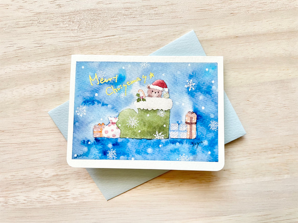 透明水彩画　クリスマスミニカード3枚セット イラスト　うさぎ　ウサギ　クマ　くま　しろくま　シロクマ　クリスマスカード　 4枚目の画像