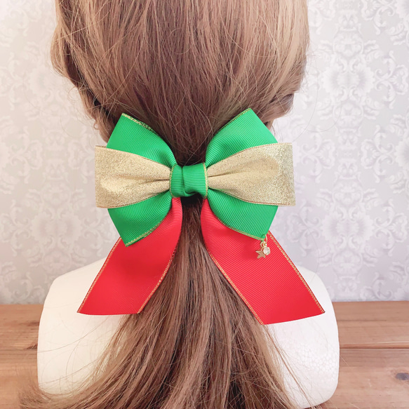 【送料無料】クリスマスリボン 赤×緑×金  リボンヘアアクセサリー クリスマスプレゼント 5枚目の画像