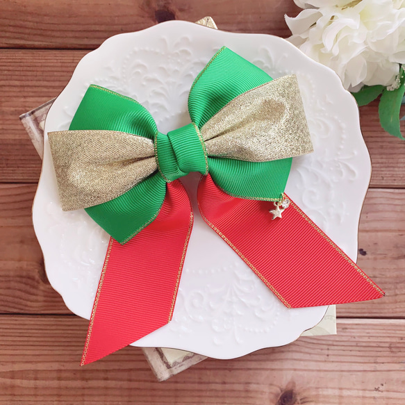 【送料無料】クリスマスリボン 赤×緑×金  リボンヘアアクセサリー クリスマスプレゼント 1枚目の画像