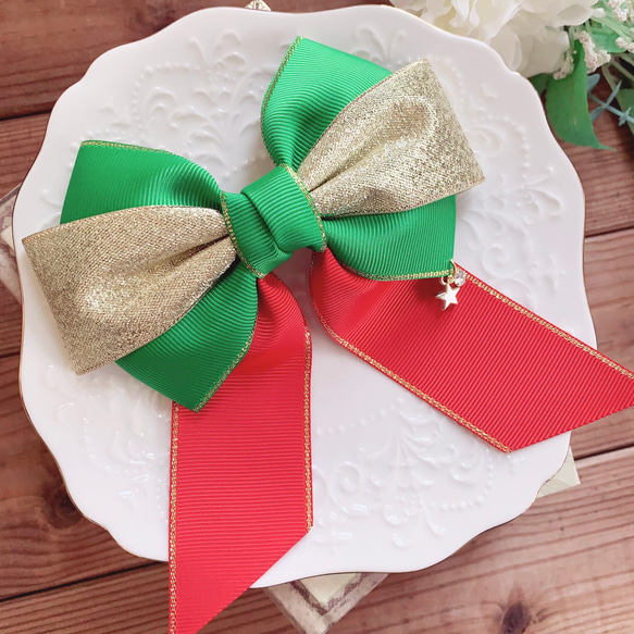 【送料無料】クリスマスリボン 赤×緑×金  リボンヘアアクセサリー クリスマスプレゼント 2枚目の画像