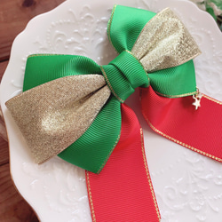 【送料無料】クリスマスリボン 赤×緑×金  リボンヘアアクセサリー クリスマスプレゼント 3枚目の画像