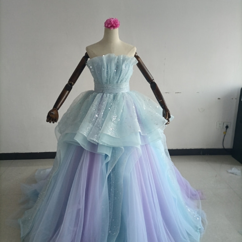 美品！紫青 カラードレス 柔らかく重ねたチュールスカート キラキラ