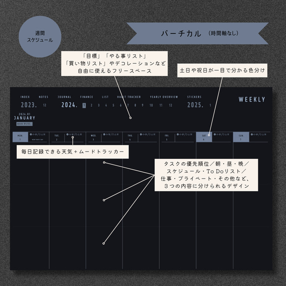 【12月始まり】2024年デジタルプランナー『ダークモード（ブルー） ウィークリー（4タイプ）』 8枚目の画像